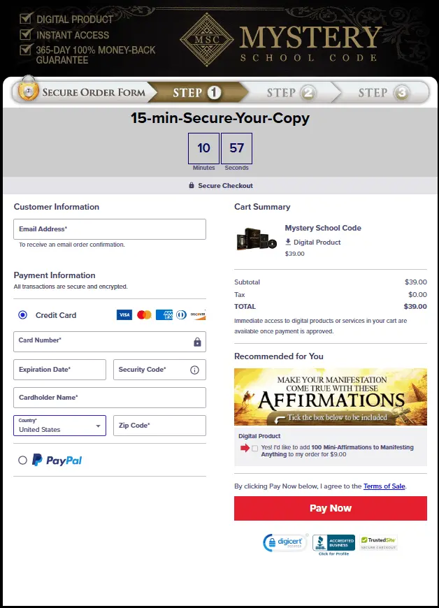 Mystery School Code Secured Order Form